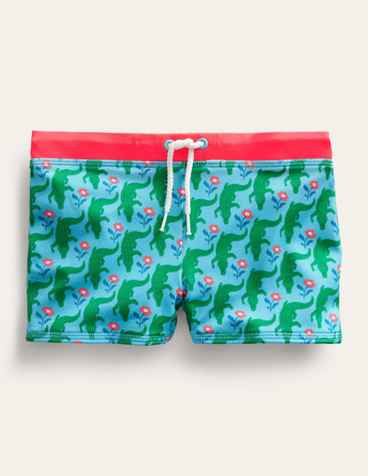 Swim Trunks-Aqua Crocodile Woodblock