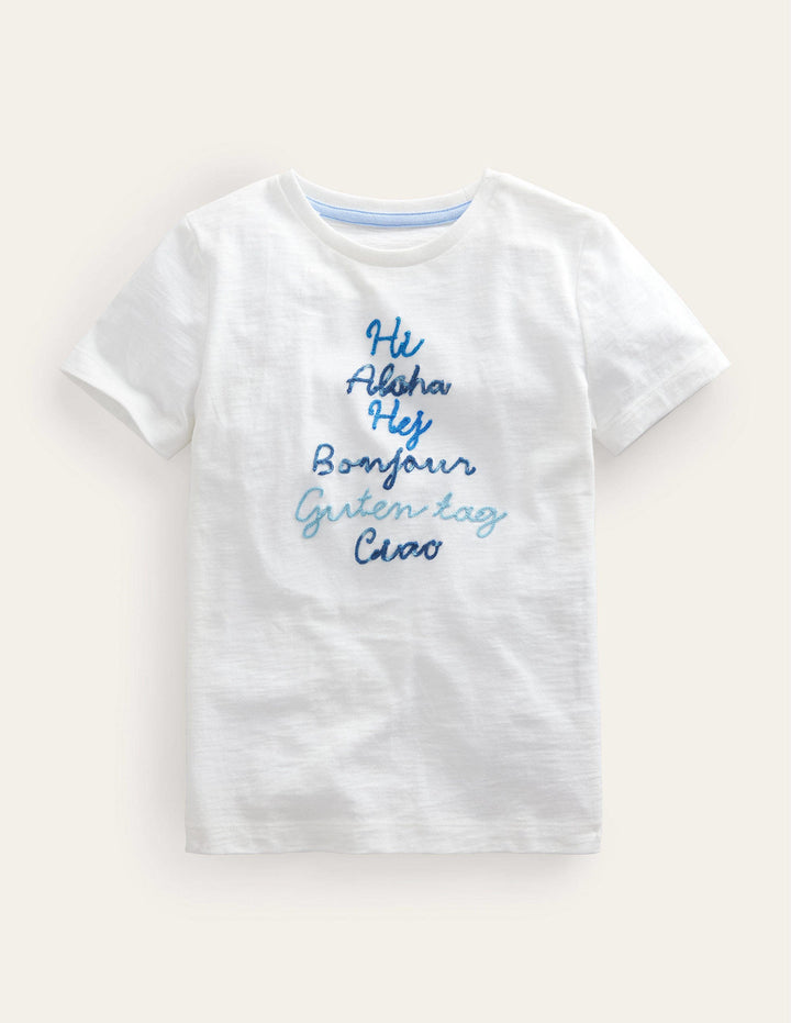 Chain Stitch Slogan T-shirt-Ivory White Hello