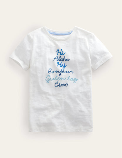 Chain Stitch Slogan T-shirt-Ivory White Hello-2