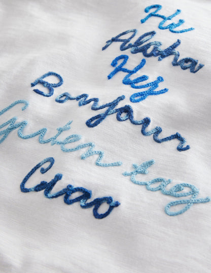 Chain Stitch Slogan T-shirt-Ivory White Hello-4