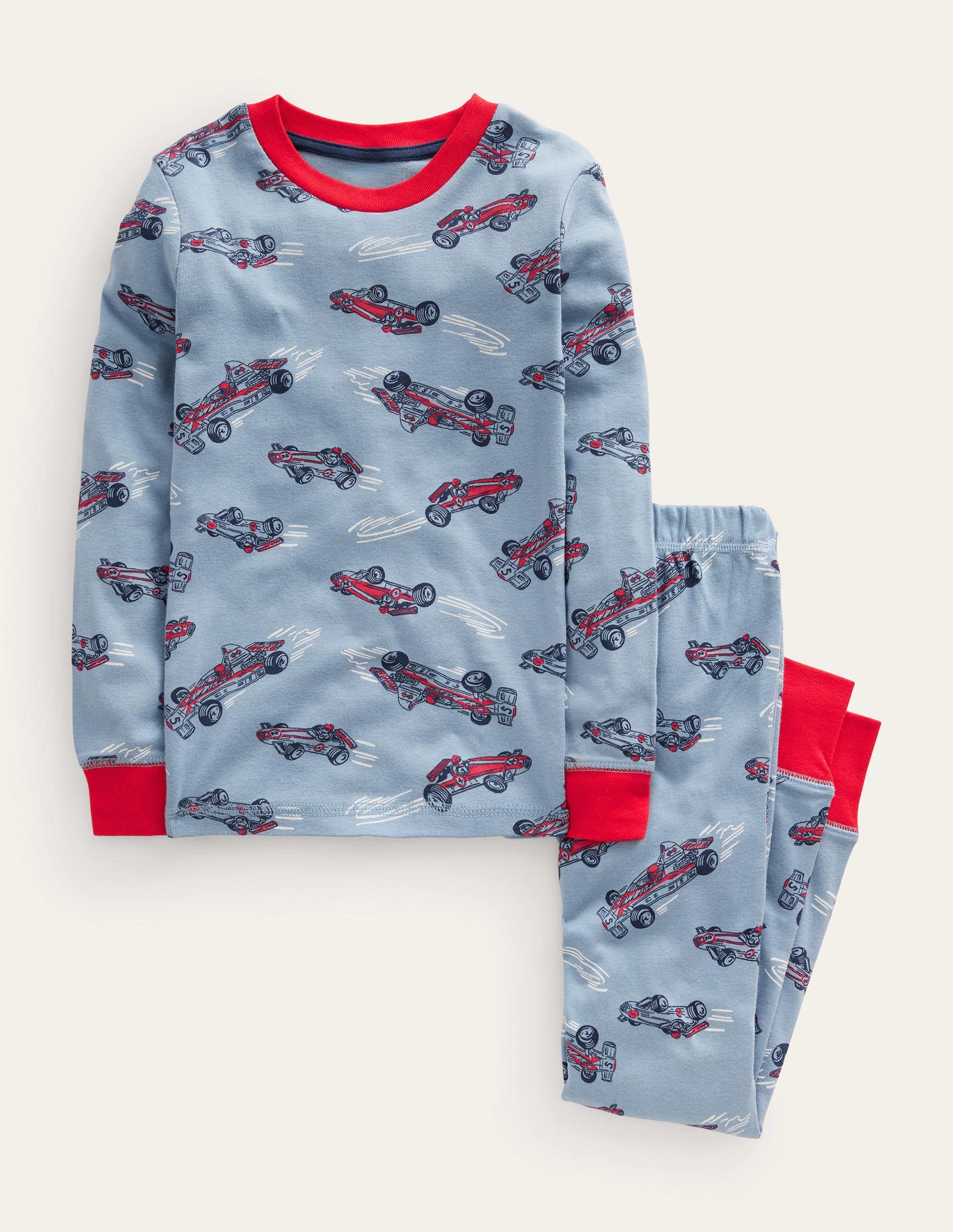 Snug Single Long John Pyjamas-Pebble Blue Race Car - Image 1