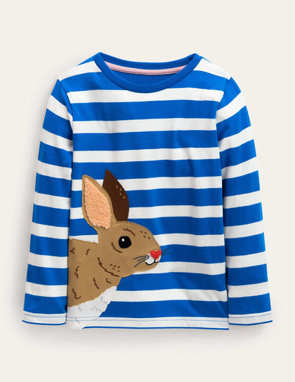 Big Appliqué Striped T-shirt-Moroccan Blue/ Ivory Rabbit