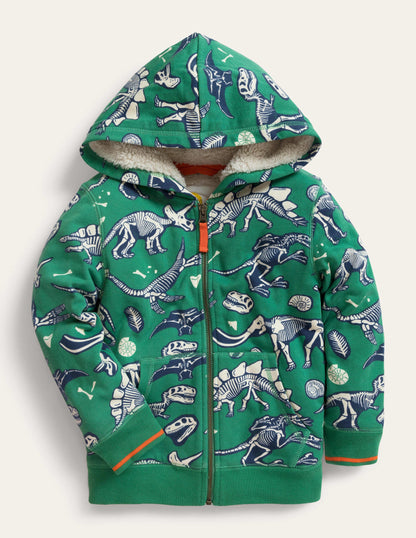 Shaggy Print Hoodie-Deep Grass Green Dino Bones