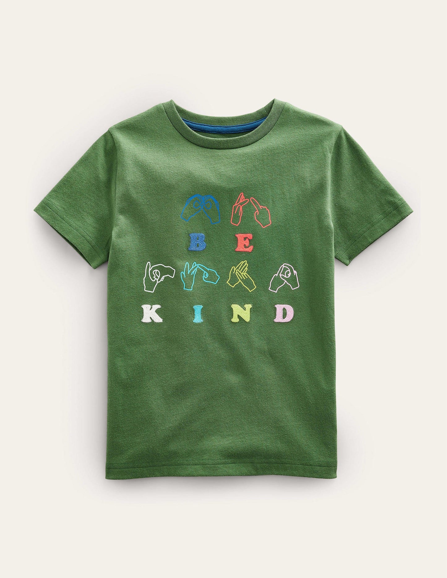 Chain Stitch Slogan T-shirt-Safari Green Be Kind