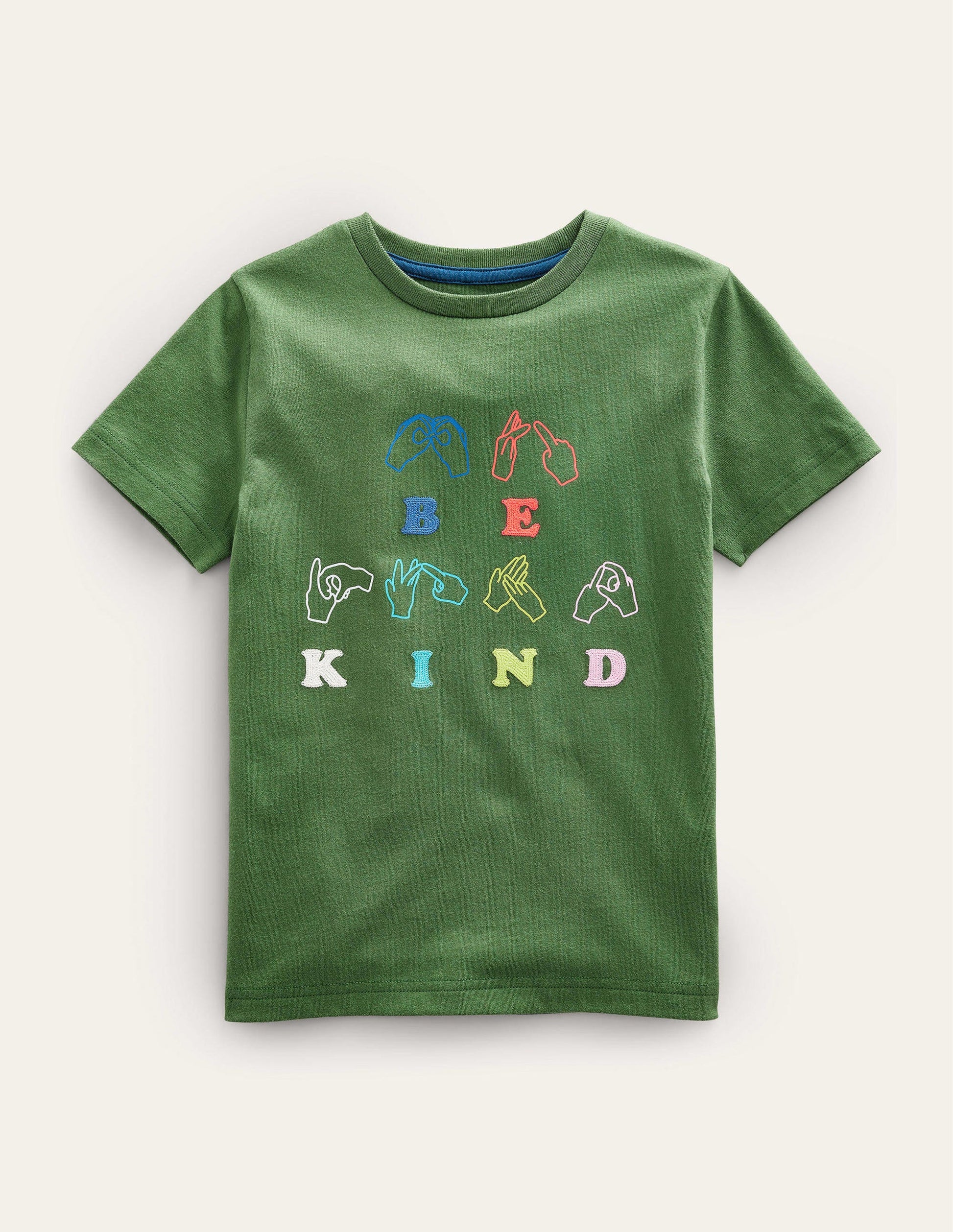 Chain Stitch Slogan T-shirt-Safari Green Be Kind-1