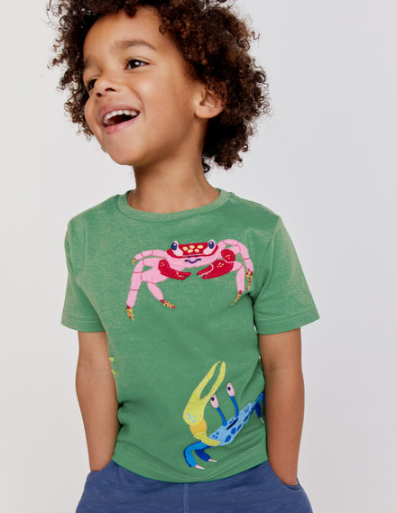 Appliqué Textured T-shirt-Safari Green Crabs