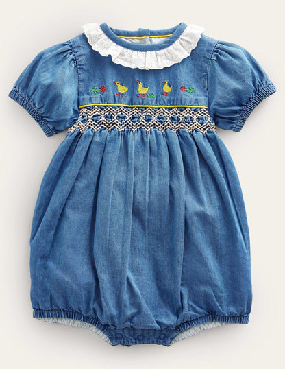 Woven Smocked Romper-Chambray Ducks-1