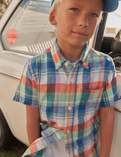 Cotton Linen Shirt-Fire Opal/Green Madras-4