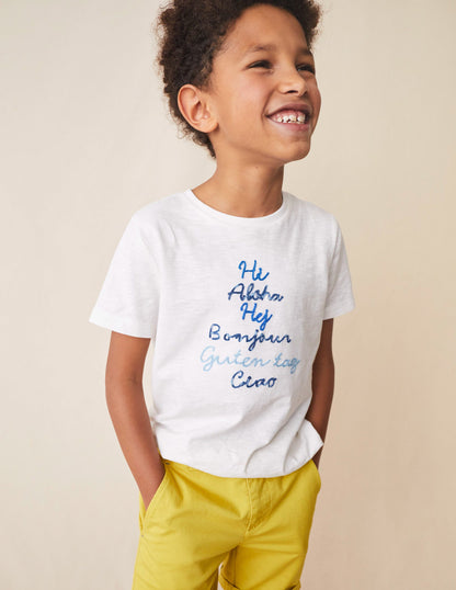 Chain Stitch Slogan T-shirt-Ivory White Hello-1