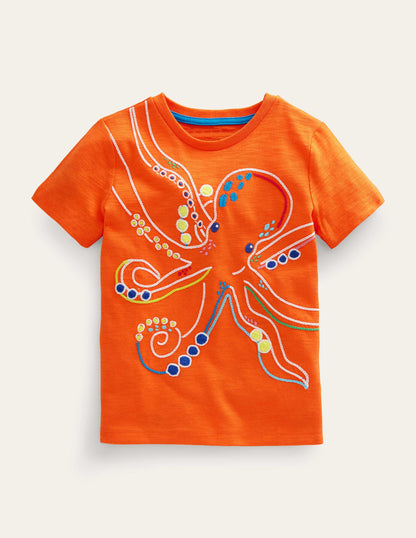 Chain Stitch T-shirt-Fire Opal Octopus-1