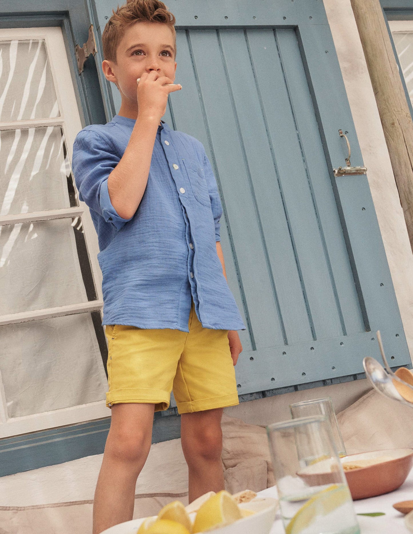 Double Cloth Grandad Shirt-Delft Blue