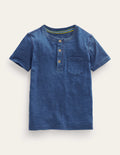 Washed Cotton Henley T-shirt-Indigo Blue