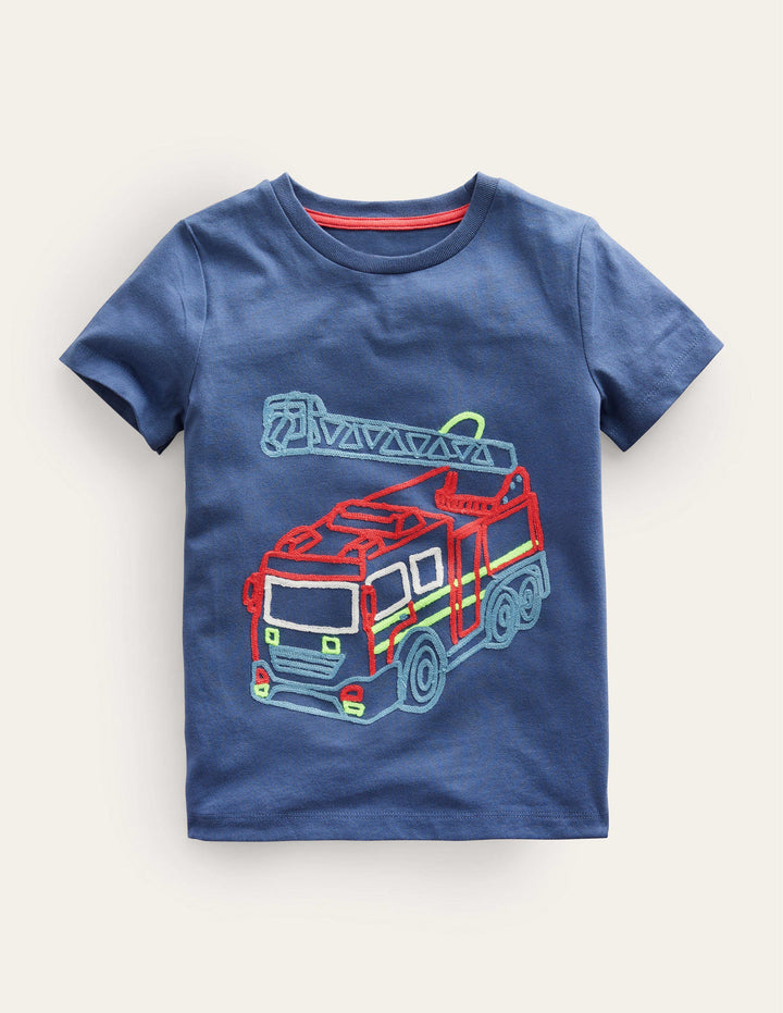 Chain Stitch Logo T-shirt-Robot Blue Fire Engine