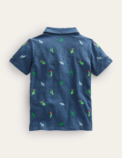 Embroidered Slubbed Polo Shirt-Robot Blue Cactus-2