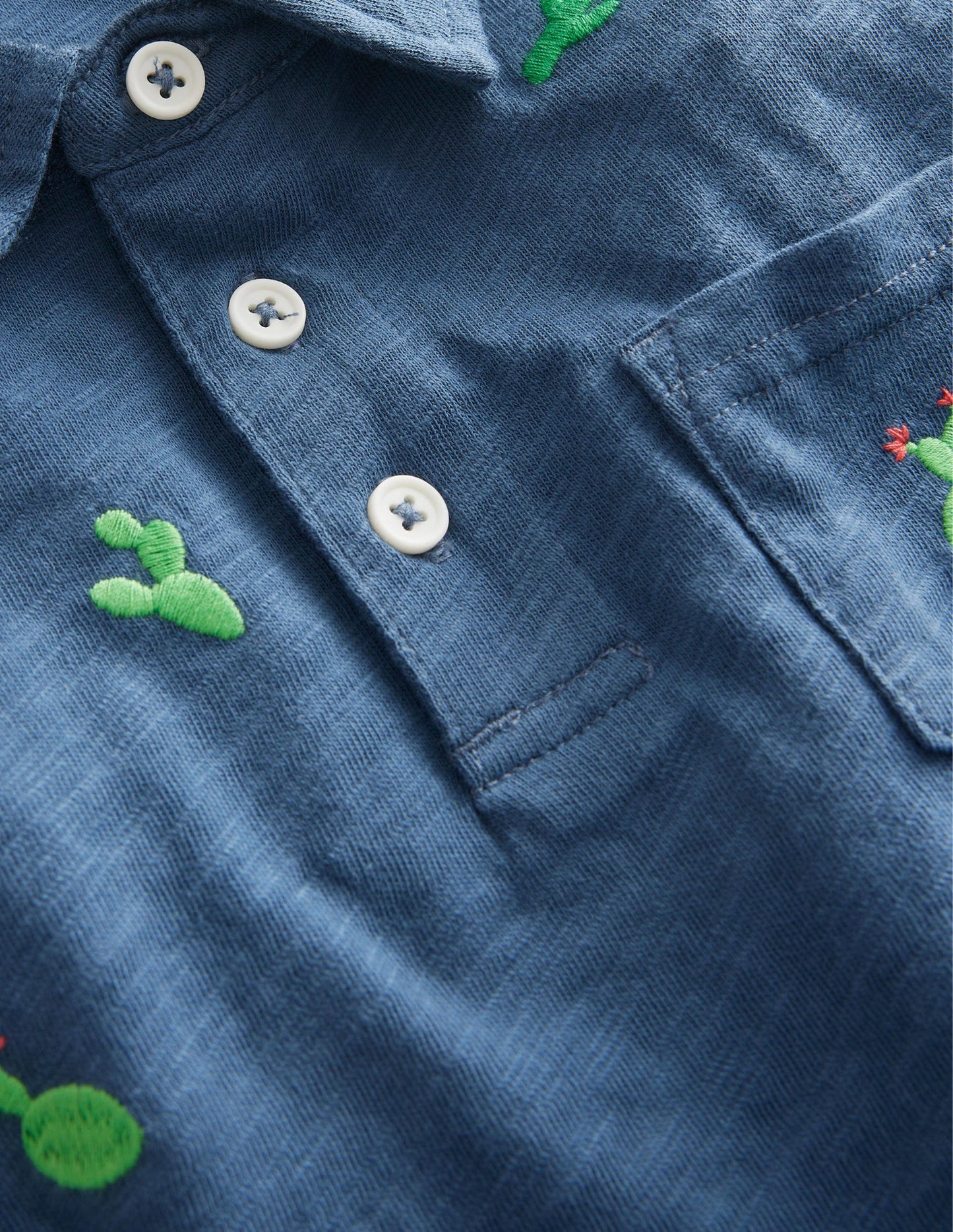 Embroidered Slubbed Polo Shirt-Robot Blue Cactus