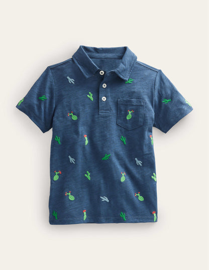 Embroidered Slubbed Polo Shirt-Robot Blue Cactus-1