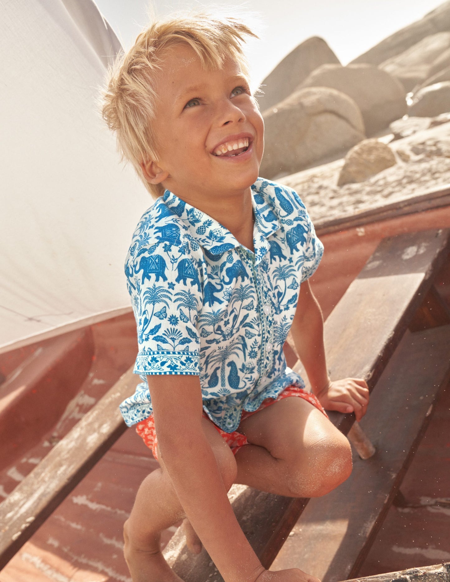 Border Printed Shirt-Sapphire Woodblock Tropical