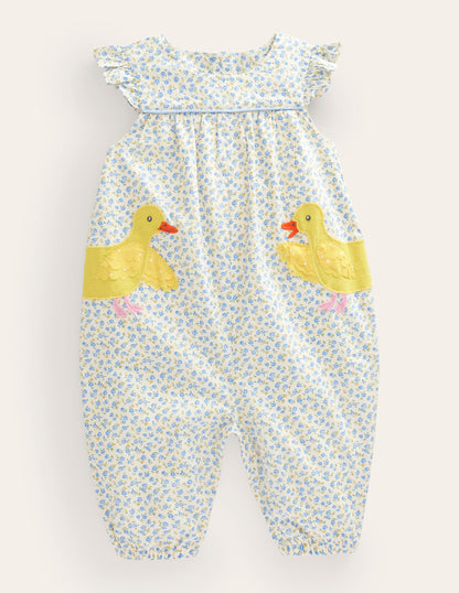 Applique Ruffle Romper-Pale Blue Tiny Rose Chicks-1