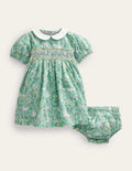 Smocked Nostalgic Dress-Ivory and Green Bunny