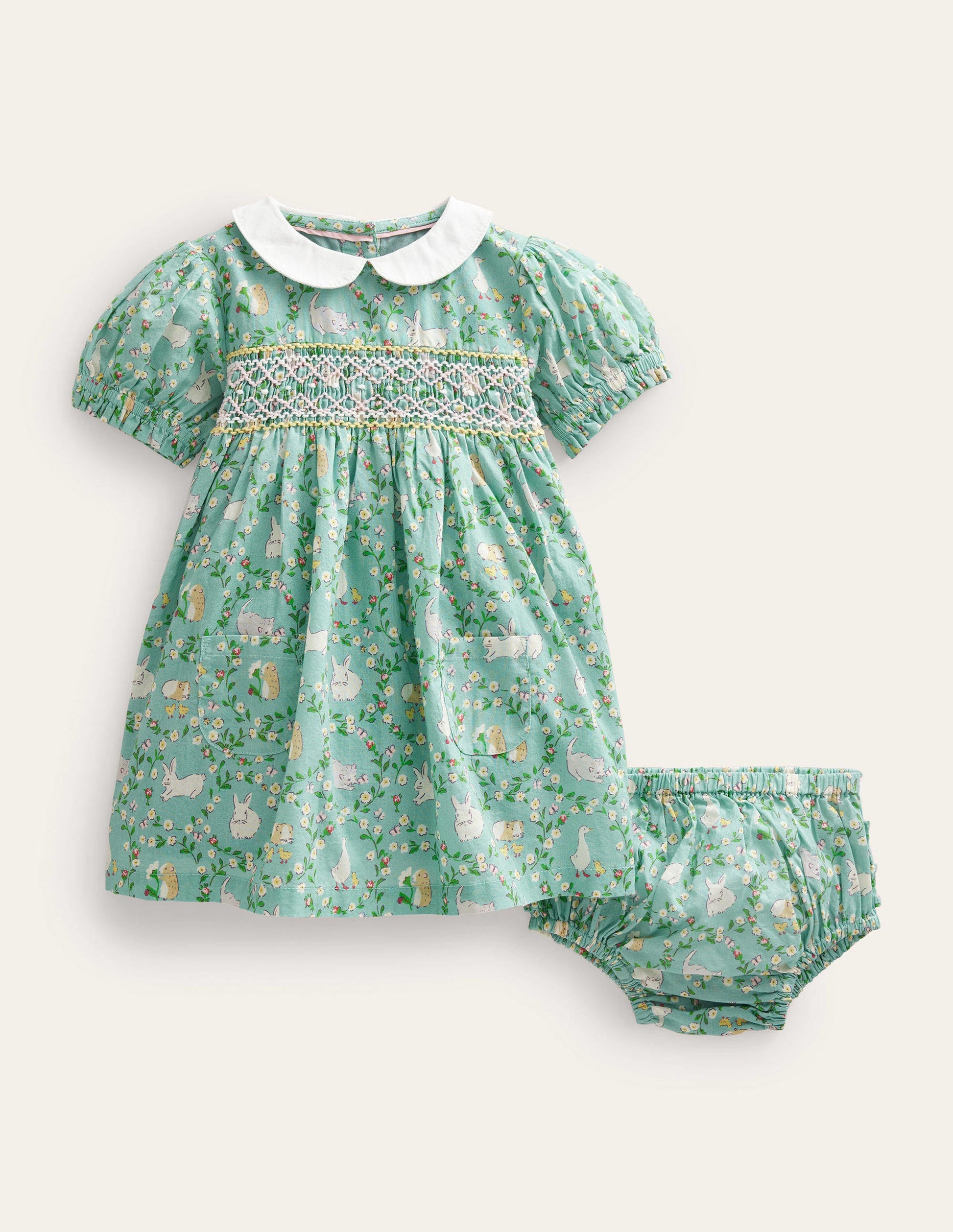 Smocked Nostalgic Dress-Ivory and Green Bunny-1