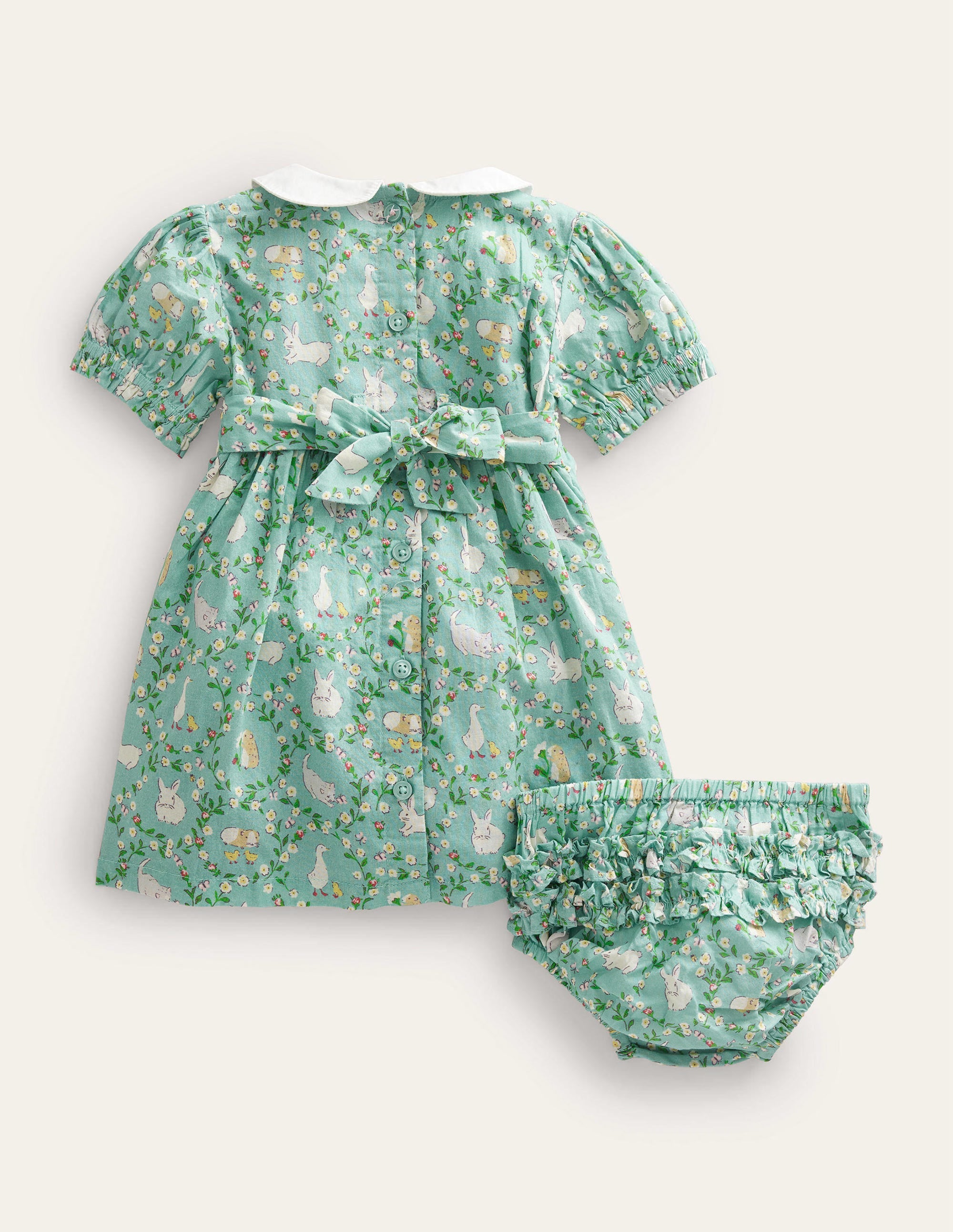 Smocked Nostalgic Dress-Ivory and Green Bunny - Image 2