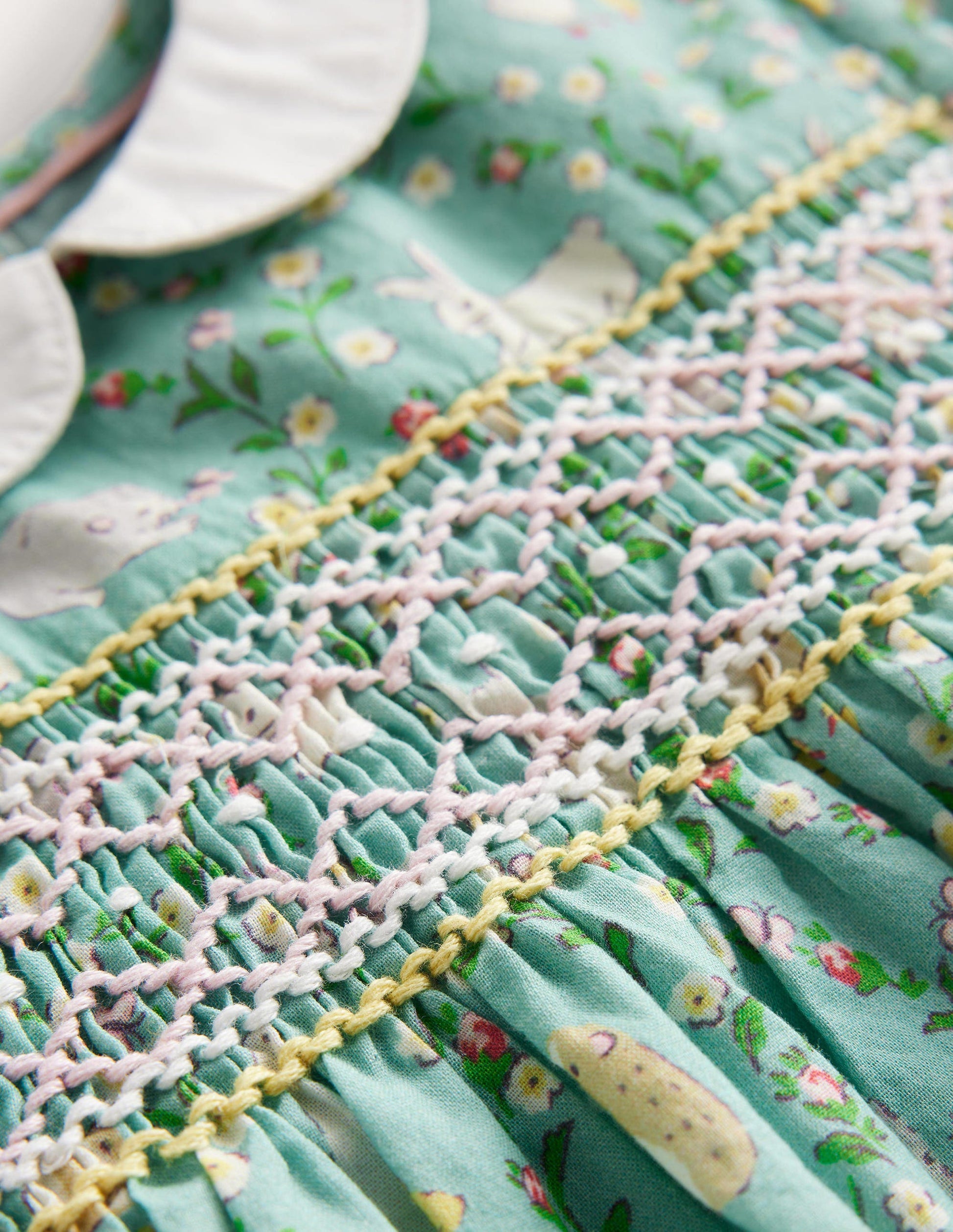 Smocked Nostalgic Dress-Ivory and Green Bunny-3