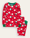 Snug Single Long John Pyjamas-Rockabilly Red Snowman Spot