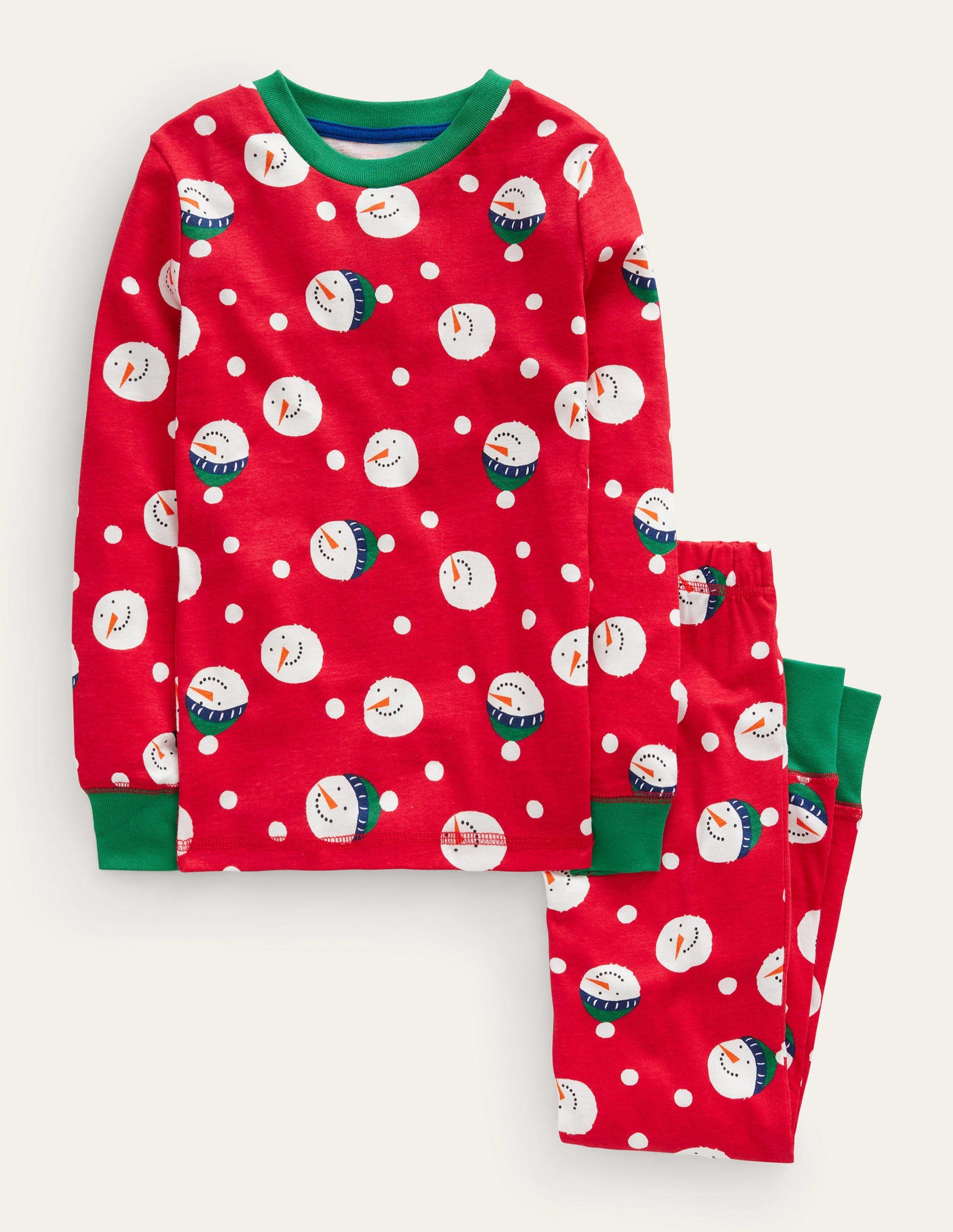 Snug Single Long John Pyjamas-Rockabilly Red Snowman Spot-1