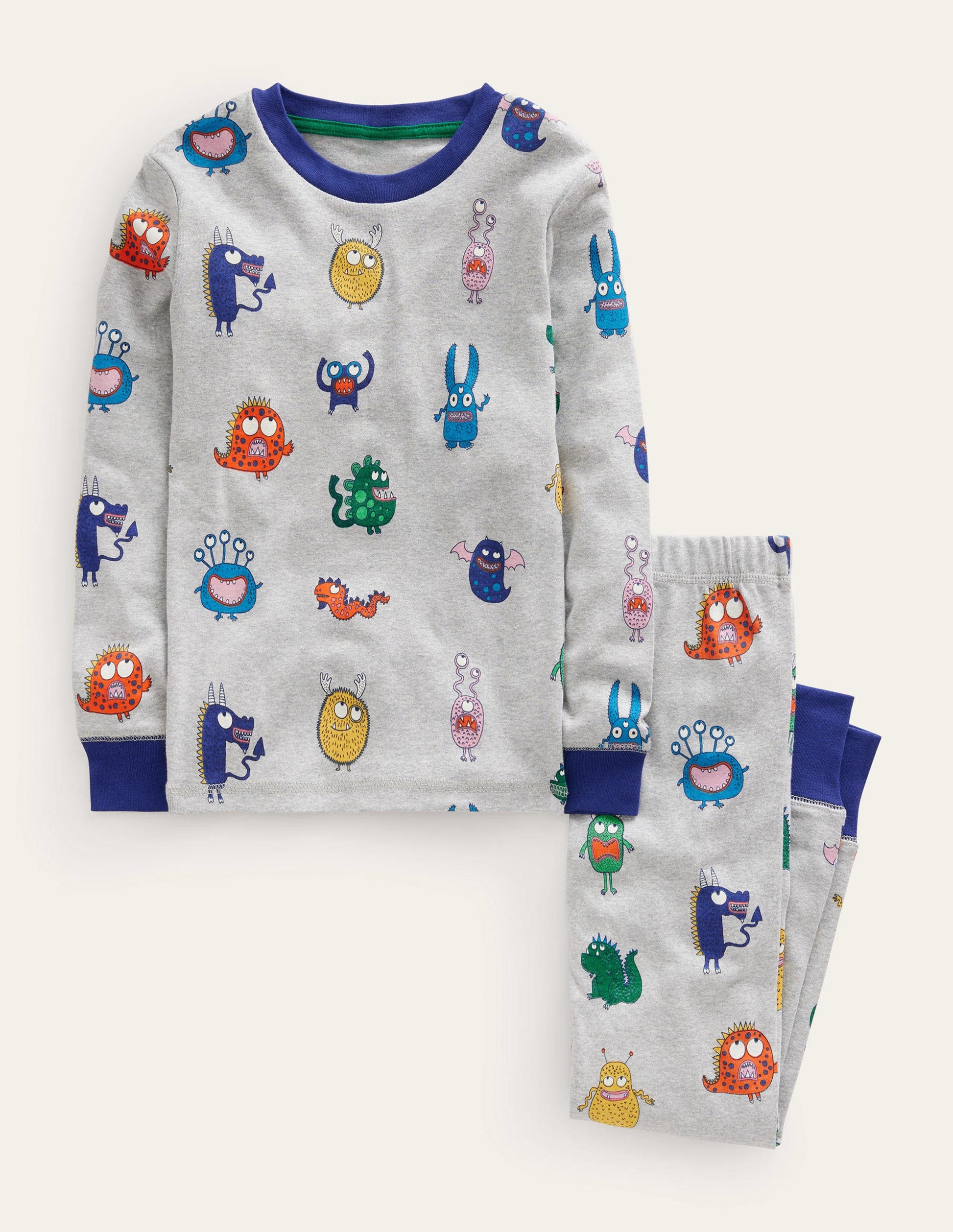 Snug Single Long John Pyjamas-Grey Marl Monsters-1