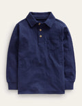 Slubbed Long-Sleeve Polo Shirt-College Navy