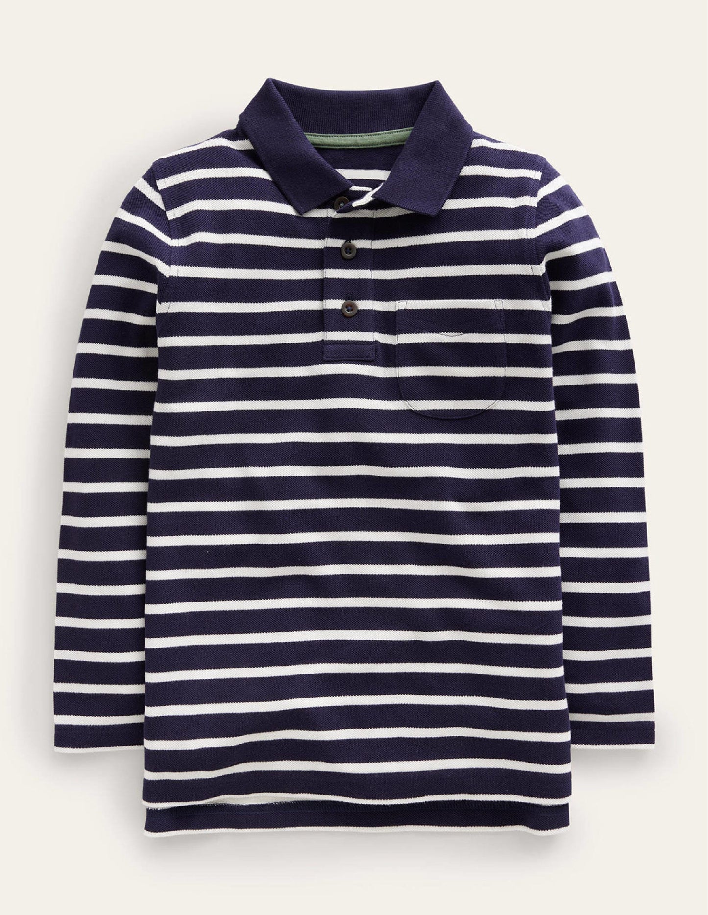 Long Sleeve Pique Polo-Navy/Ivory