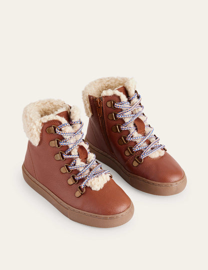 Cosy Leather Lace Up Boots-Tan-2