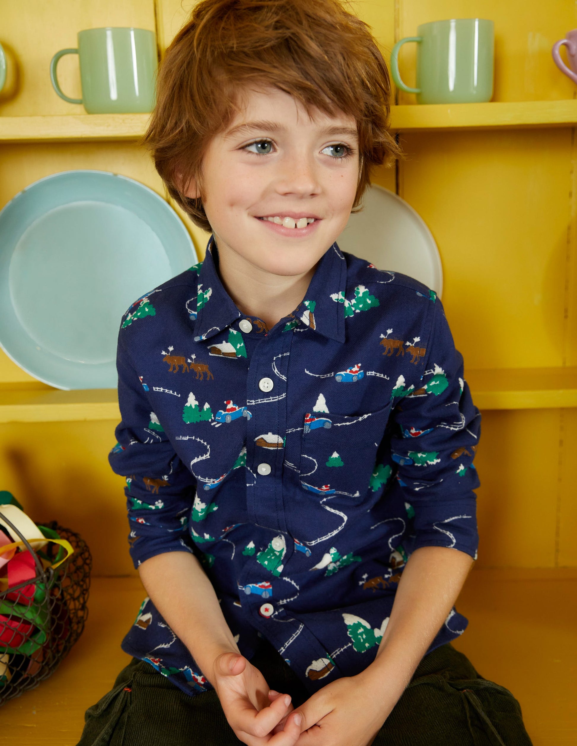 Printed Brushed Flannel Shirt-College Navy Festive Scene-4