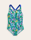 Cross-back Printed Swimsuit-Multi Parrot Vine