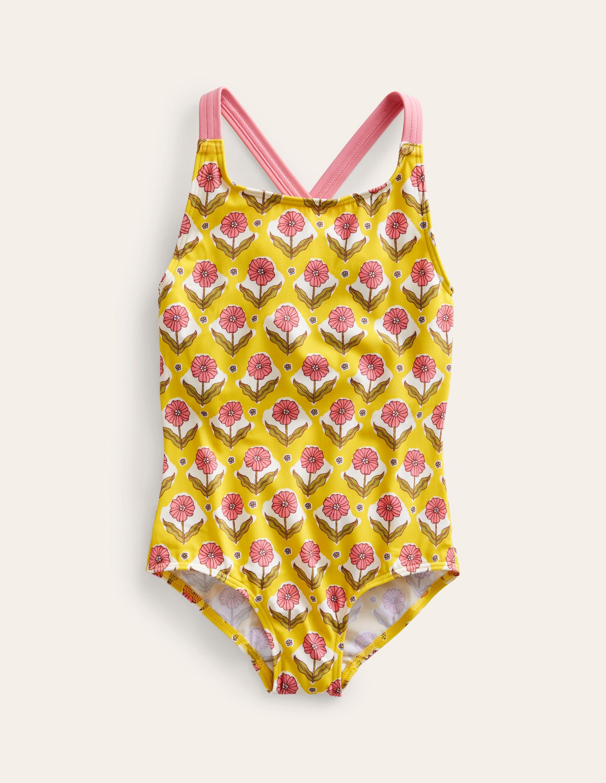 Cross-back Printed Swimsuit-Sweetcorn Woodblock Flower-1