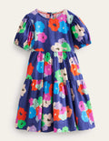 Tiered Printed Cotton Dress-Navy Painterly Floral