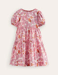 Tiered Printed Cotton Dress-Almond Pink Leaves