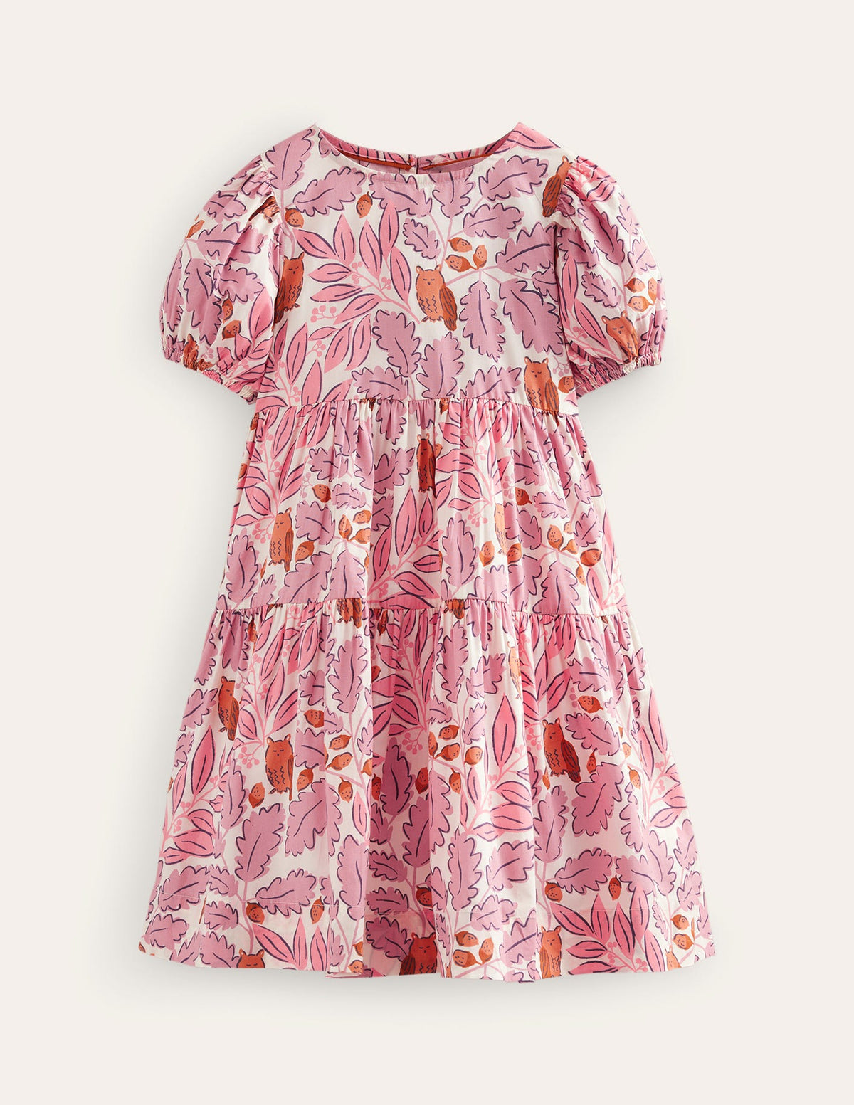 Tiered Printed Cotton Dress-Almond Pink Leaves - Image 1