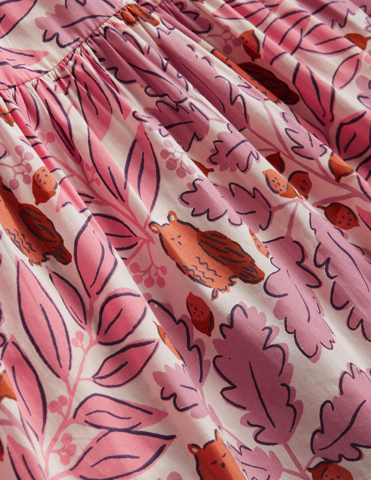 Tiered Printed Cotton Dress-Almond Pink Leaves-3