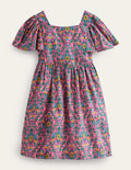 Flutter-Sleeve Printed Dress-Azalea Woodblock Vine