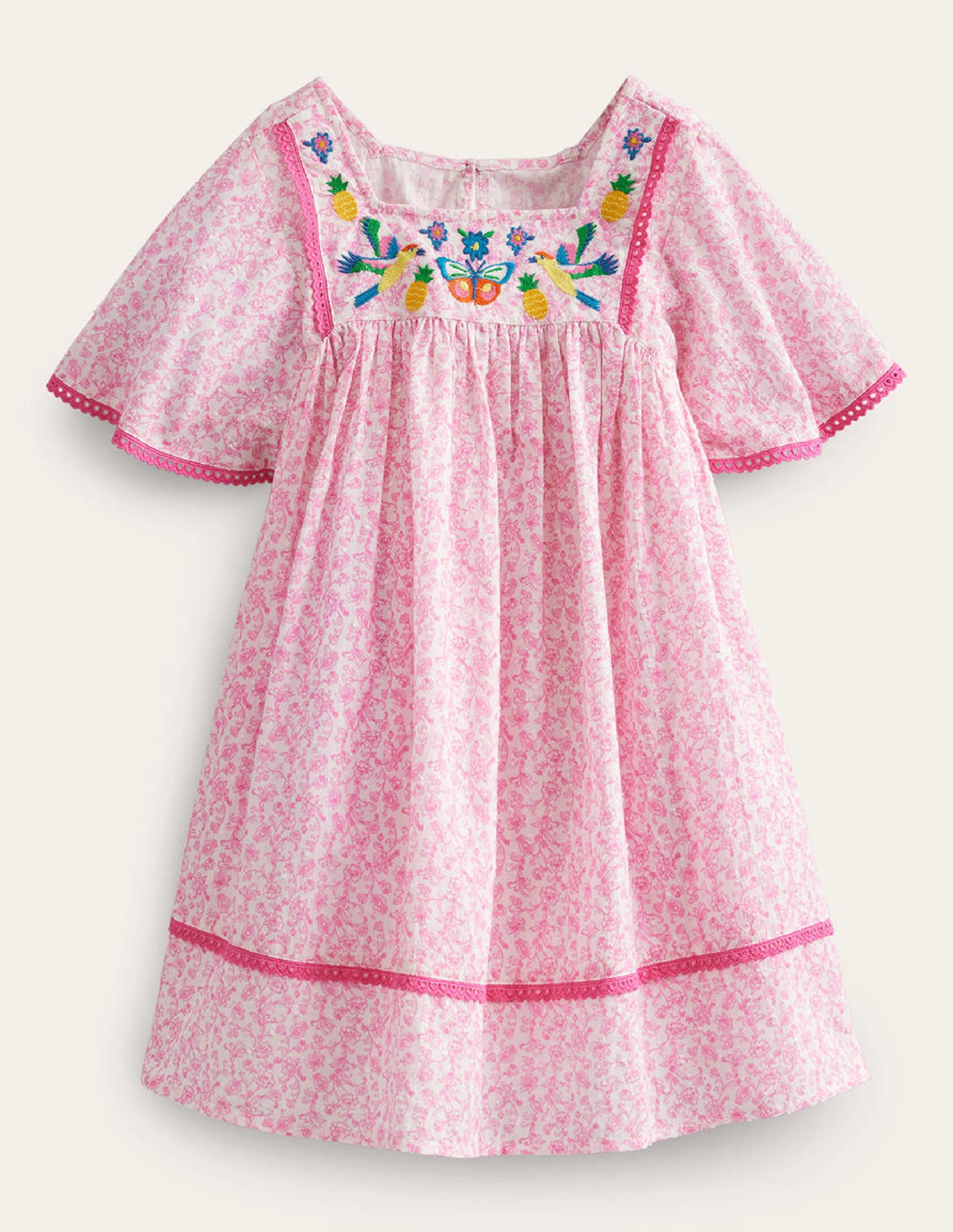 Embroidered Floaty Dress-Festival Pink Summer Vine - Image 1