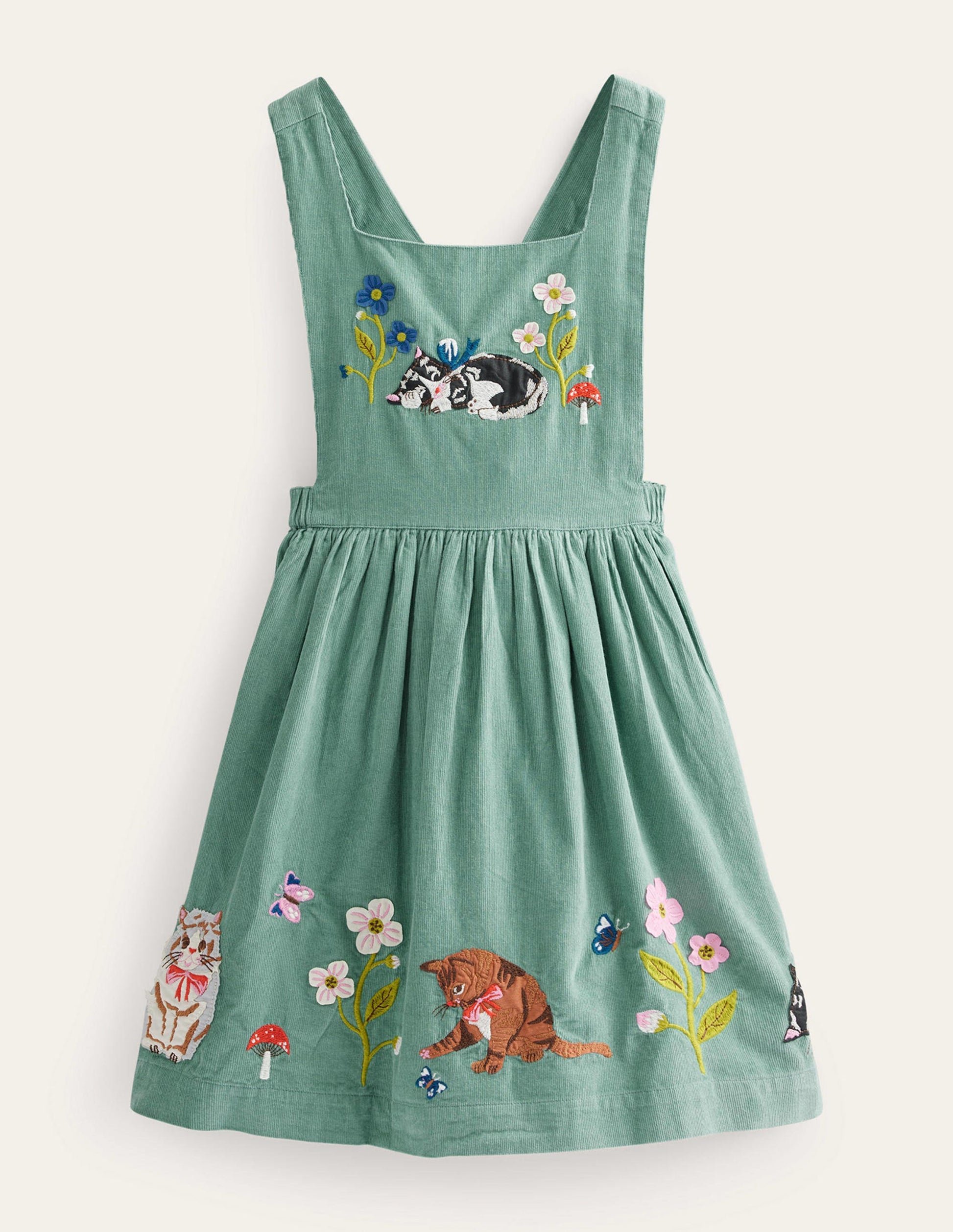 Cord Applique Pinafore-Green Smoke Cats-1