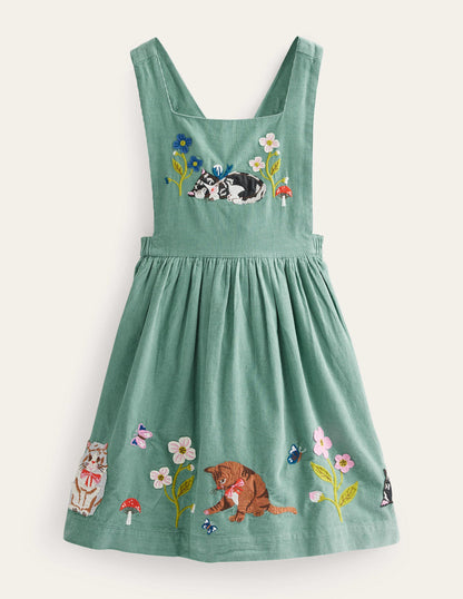 Cord Applique Pinafore-Green Smoke Cats-1