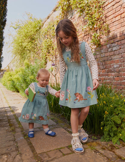 Cord Applique Pinafore-Green Smoke Cats-4