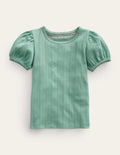 Pointelle Puff Sleeve Top-Smoke Green