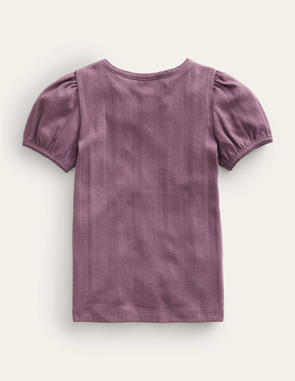 Pointelle Puff Sleeve Top-Mountain Heather Purple-2