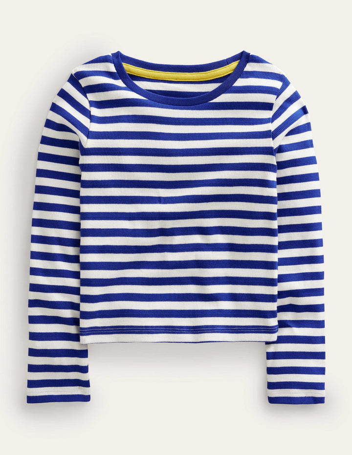 Cropped Long Sleeve T-shirt-Blue Wave/Ivory
