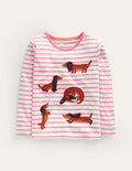 Puff Sleeve Appliqué T-shirt-Pink/Ivory Dogs