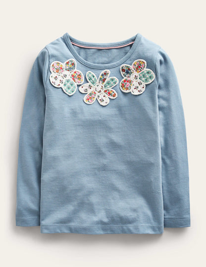 3D Appliqué T-Shirt-Pebble Blue Flowers-1