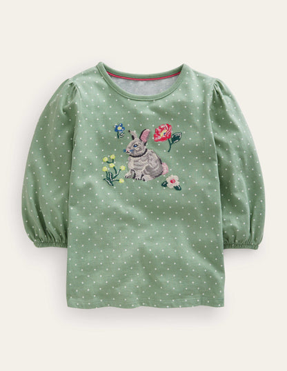 Appliqué Sleeve Detail Top-Green Smoke-2